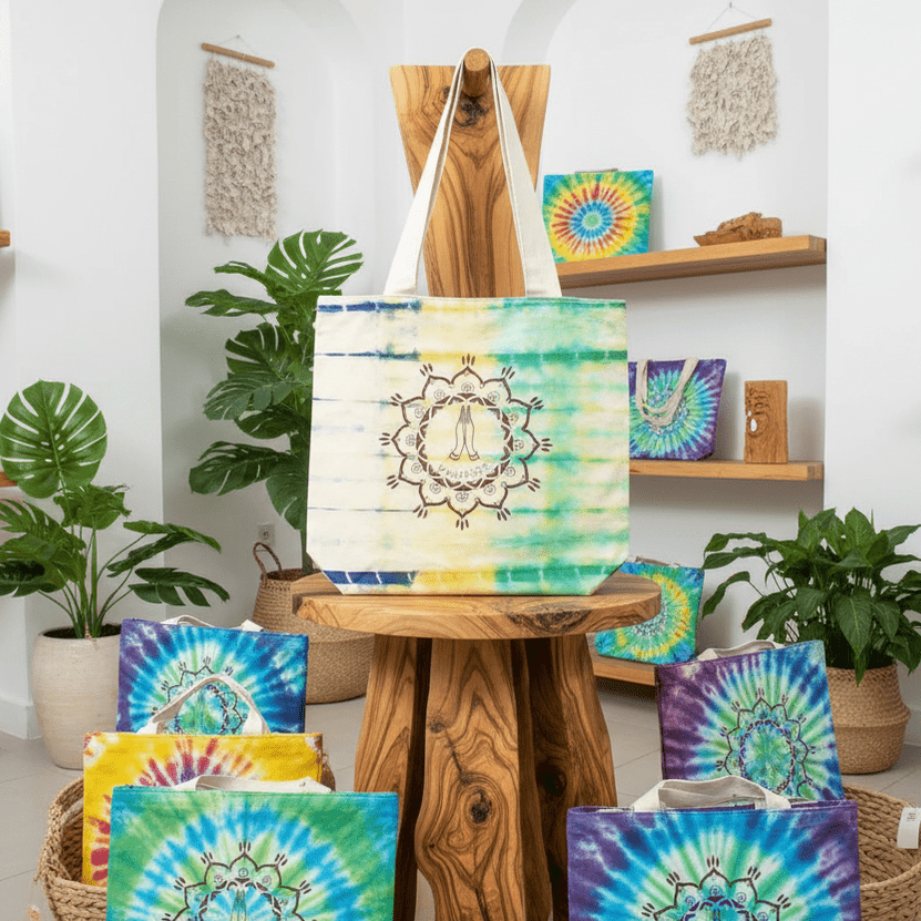 Tote bag with tie-dye design on a wooden stool in a store setting with shelves and plants.