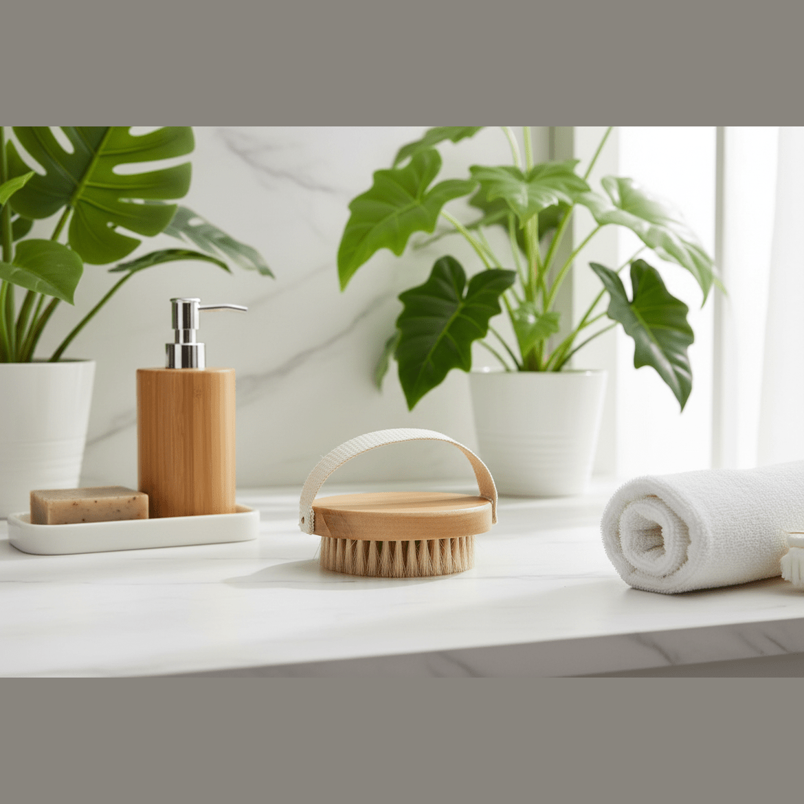 Bathroom counter with natural skincare products, plants, and towels.