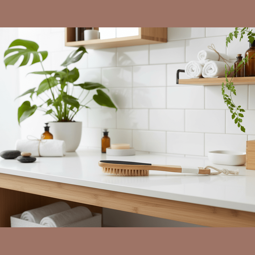 White countertop with plants, bottles, and a brush against a white tiled wall.