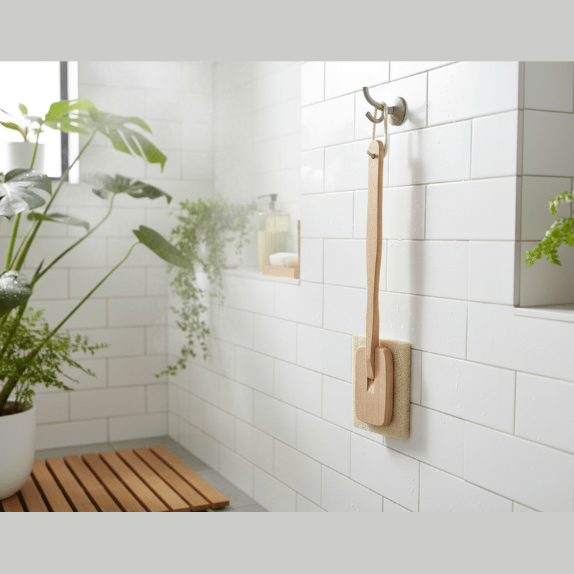 Bathroom with white tiled walls, wooden shelf, and plants