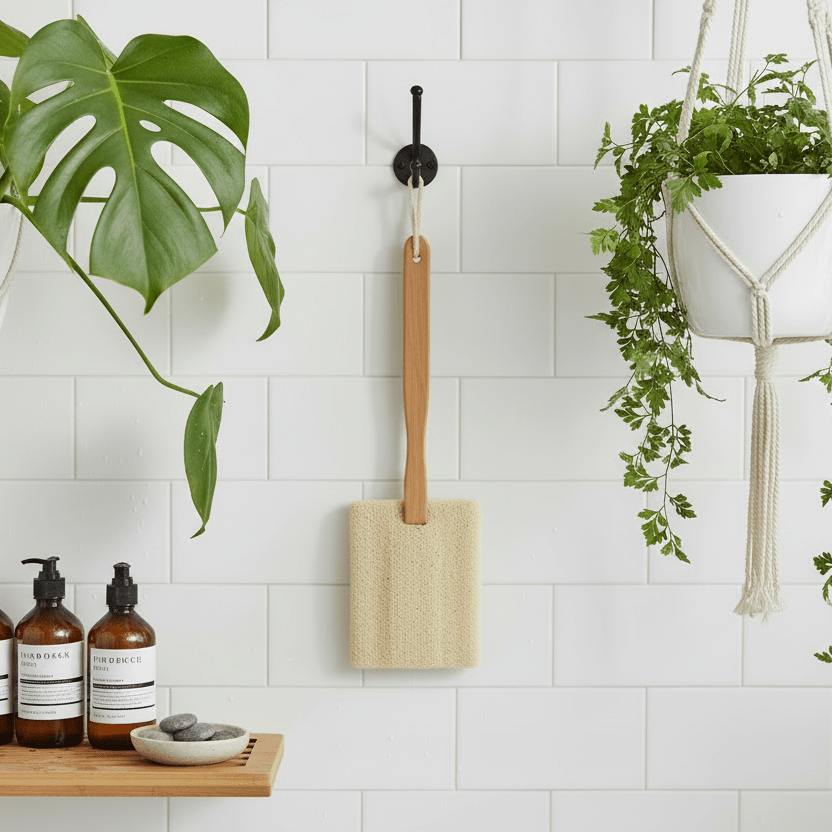 Bathroom with a plant, shelf, and long-handled bath loofah on a tiled wall.