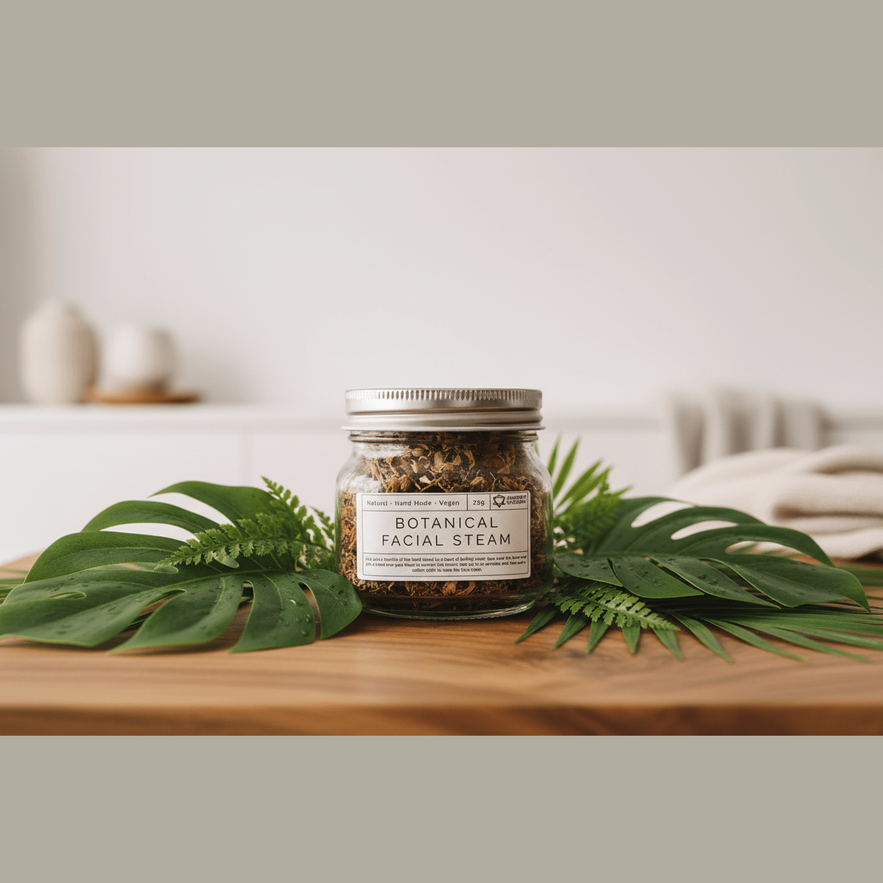 Jar of botanical facial steam with leaves on a wooden surface