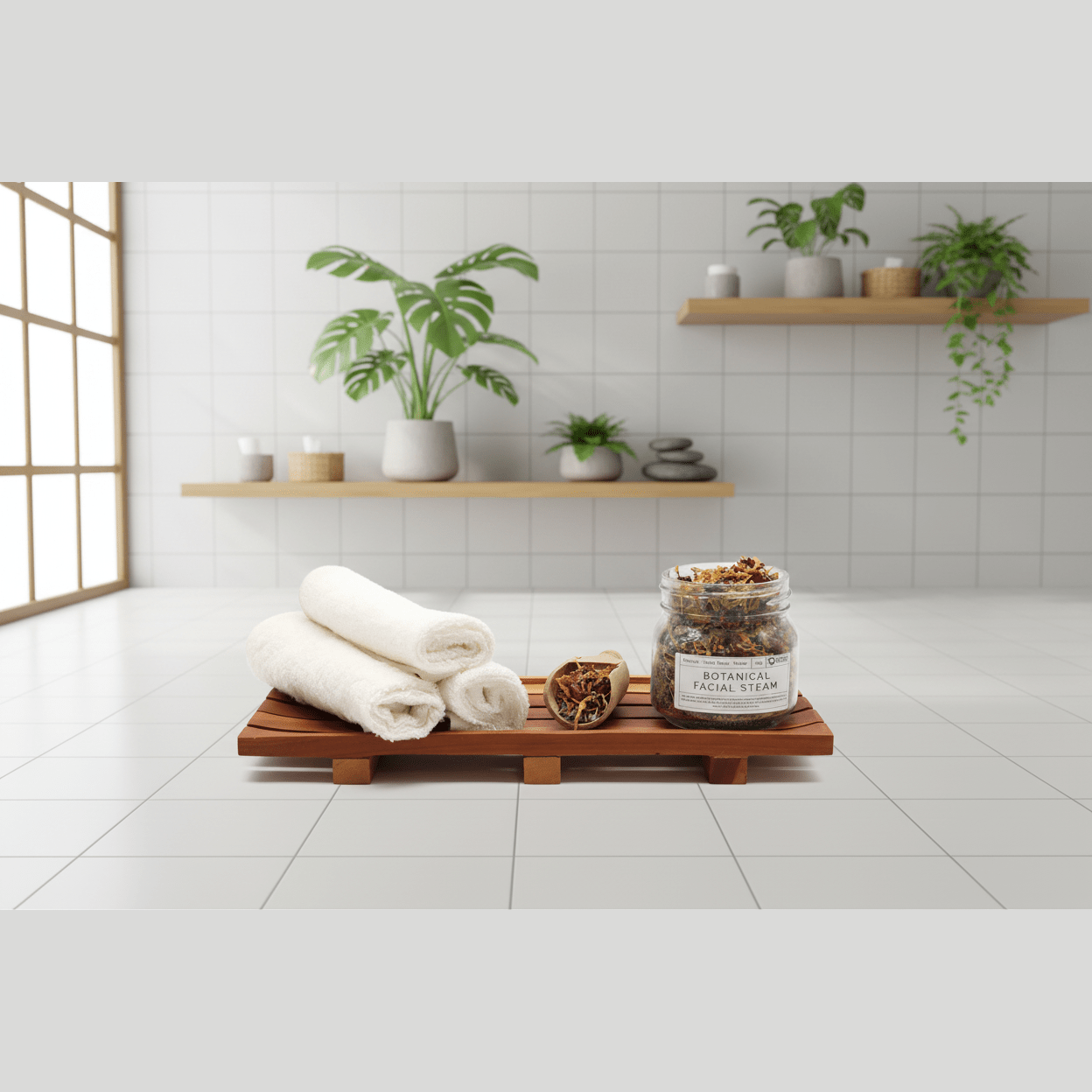 Bathroom setting with towels, jar of bath salts, and plants on a wooden shelf.