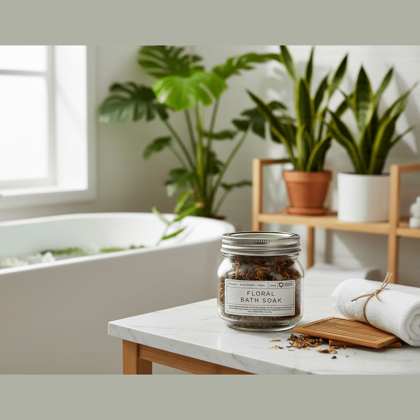 Jar of floral bath soak on a bathroom counter with plants and a bathtub in the background