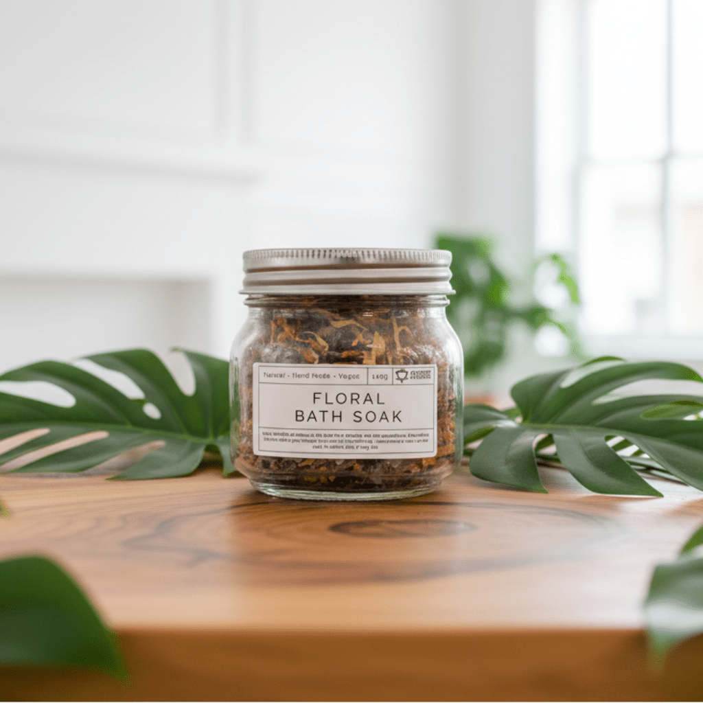 Jar of floral bath soak on a wooden surface with green leaves in the background