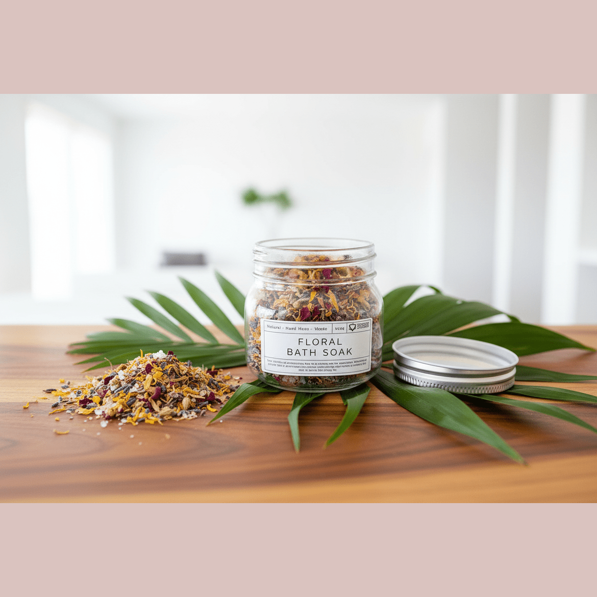 Jar of floral bath soak with leaves on a wooden surface