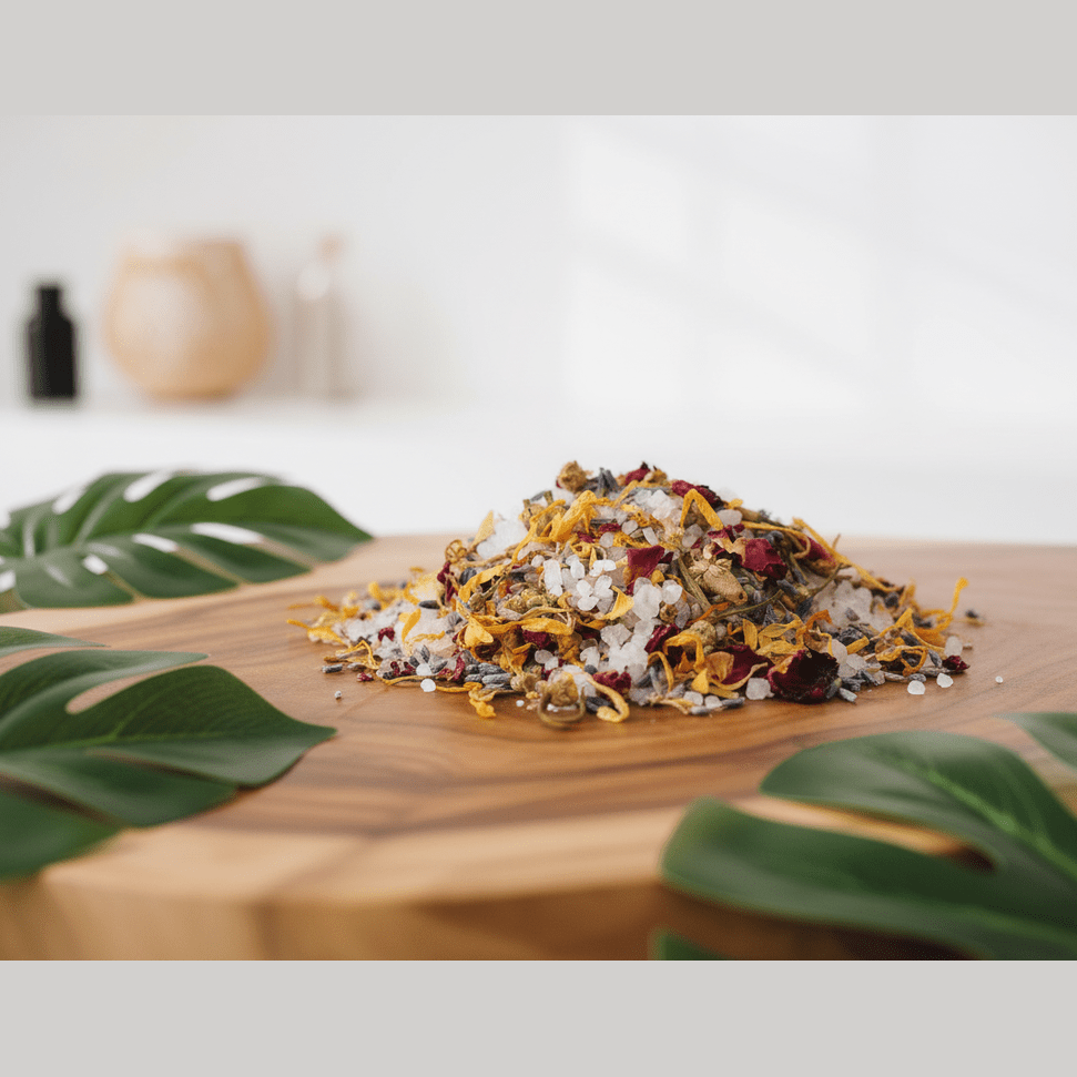 Colourful dried flowers mix on a wooden cutting board with green leaves in the foreground.