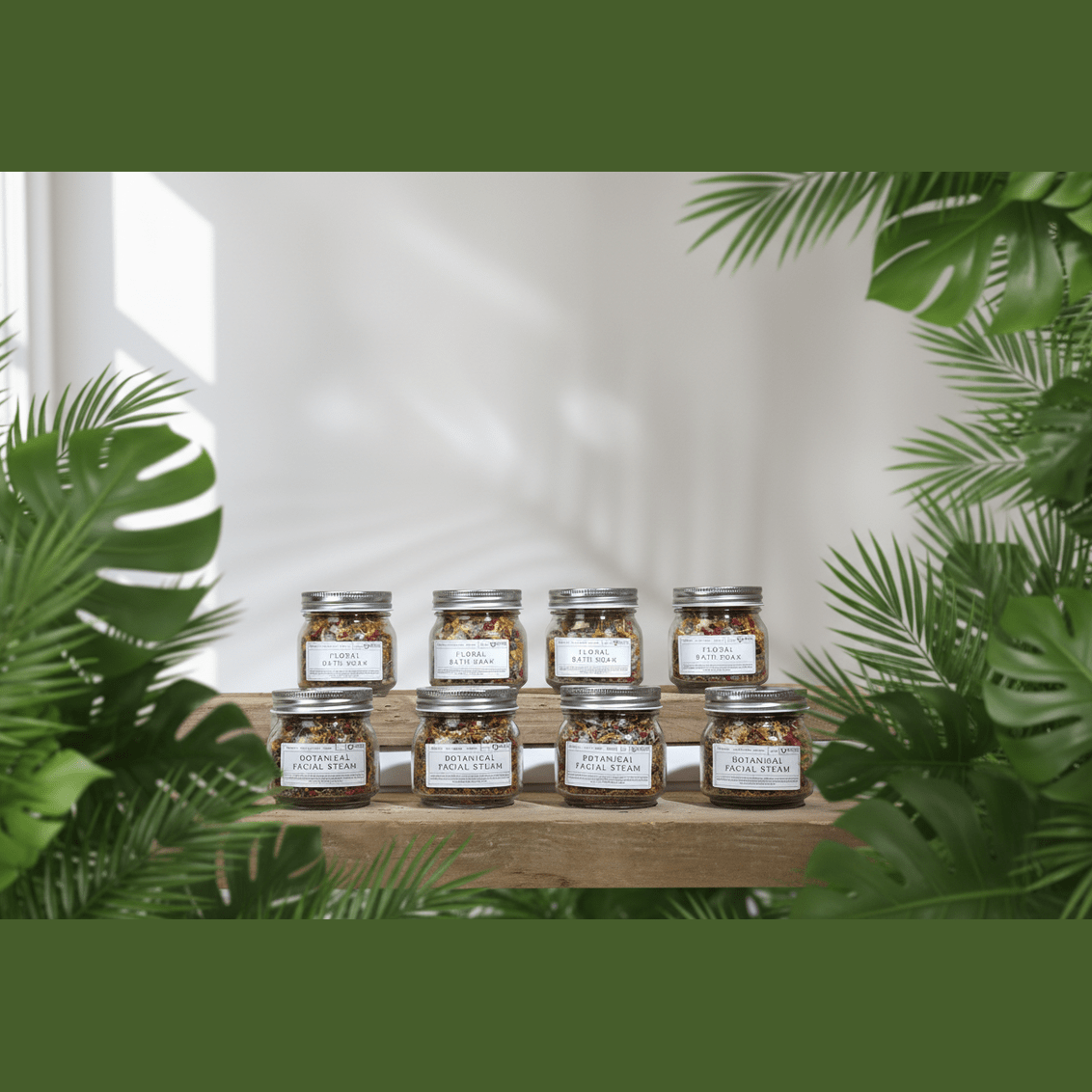 Jars of botanical bath soak with labels on a wooden shelf, surrounded by green plants.
