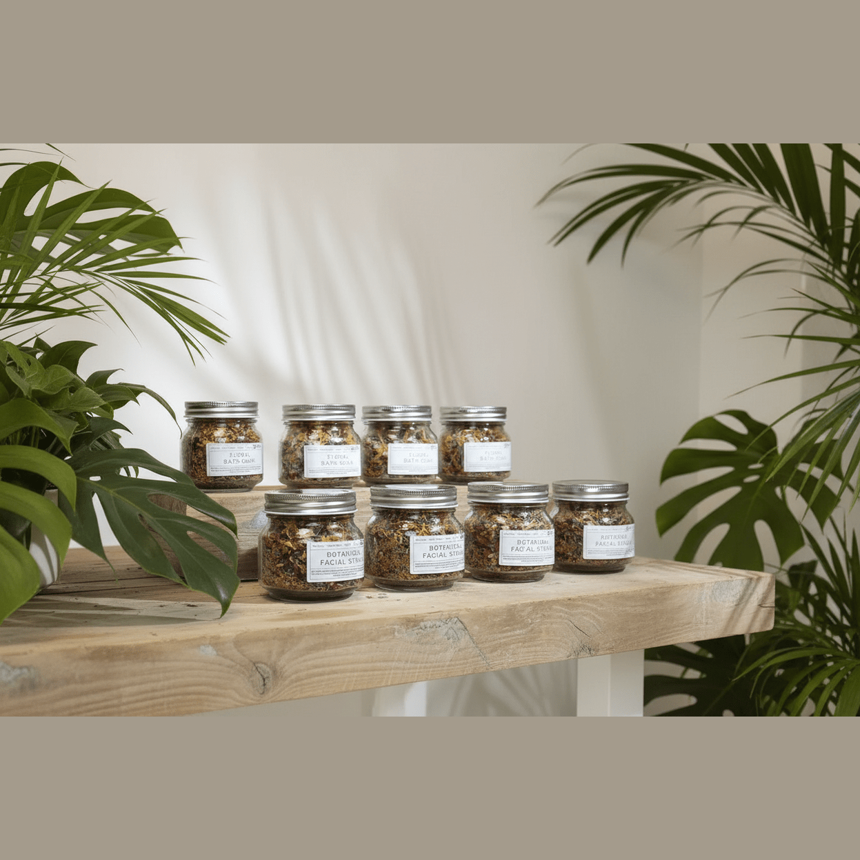 Jars of botanical bath salts on a wooden shelf with plants in the background
