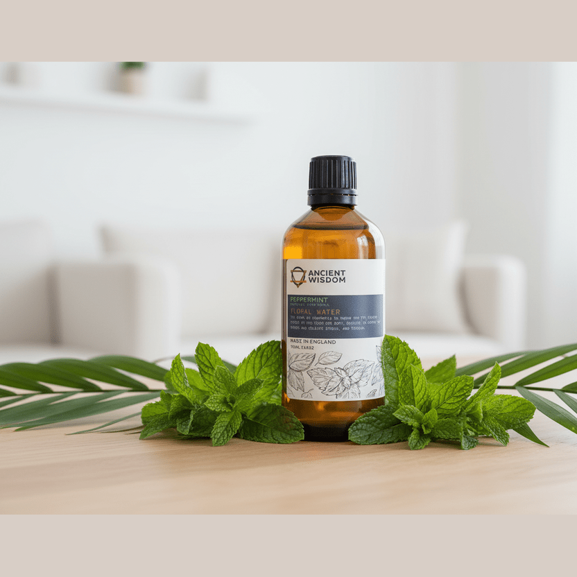 Bottle of Ancient Wisdom peppermint oil with mint leaves on a light surface