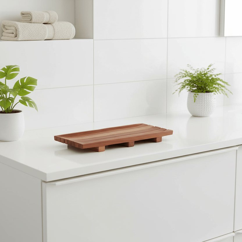 Wooden sap tray on a white bathroom counter with plants and towels in the background