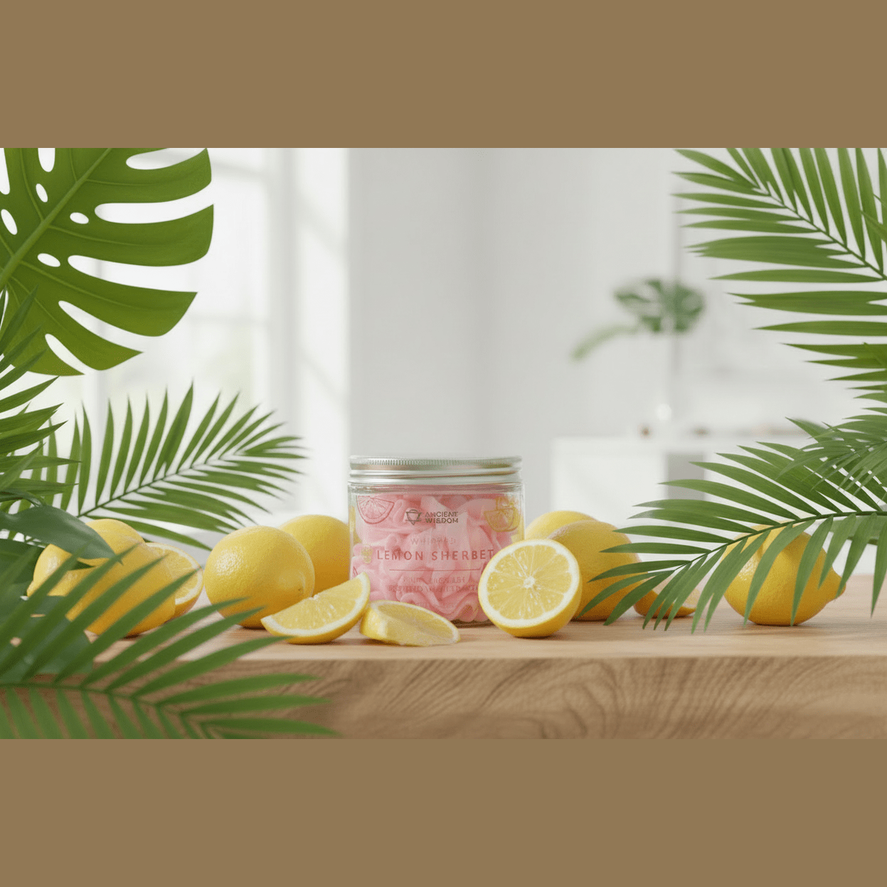 A jar of whipped cream soap on a wooden surface with exotic green plants and lemons.