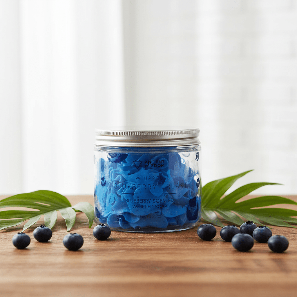 Jar of blue whipped cream soap with blueberries on a wooden surface