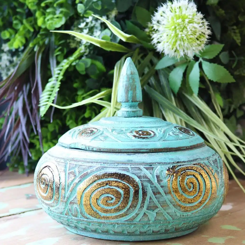 Ancient Wisdom Wooden Trinket Dish Jar Tray with Lid - Handmade & Fairly Traded Home & Garden > Household Supplies > Storage & Organisation > Household Storage Containers > Decorative Wooden Storage Jars emmy-jane-boutique.myshopify.com