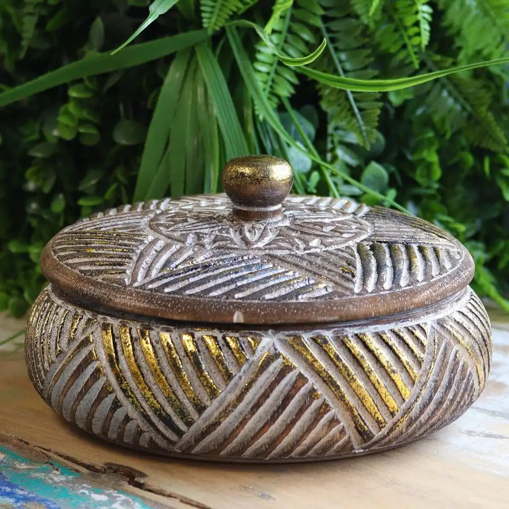 Ancient Wisdom Wooden Trinket Dish Jar Tray with Lid - Handmade & Fairly Traded Home & Garden > Household Supplies > Storage & Organisation > Household Storage Containers > Decorative Wooden Storage Jars emmy-jane-boutique.myshopify.com