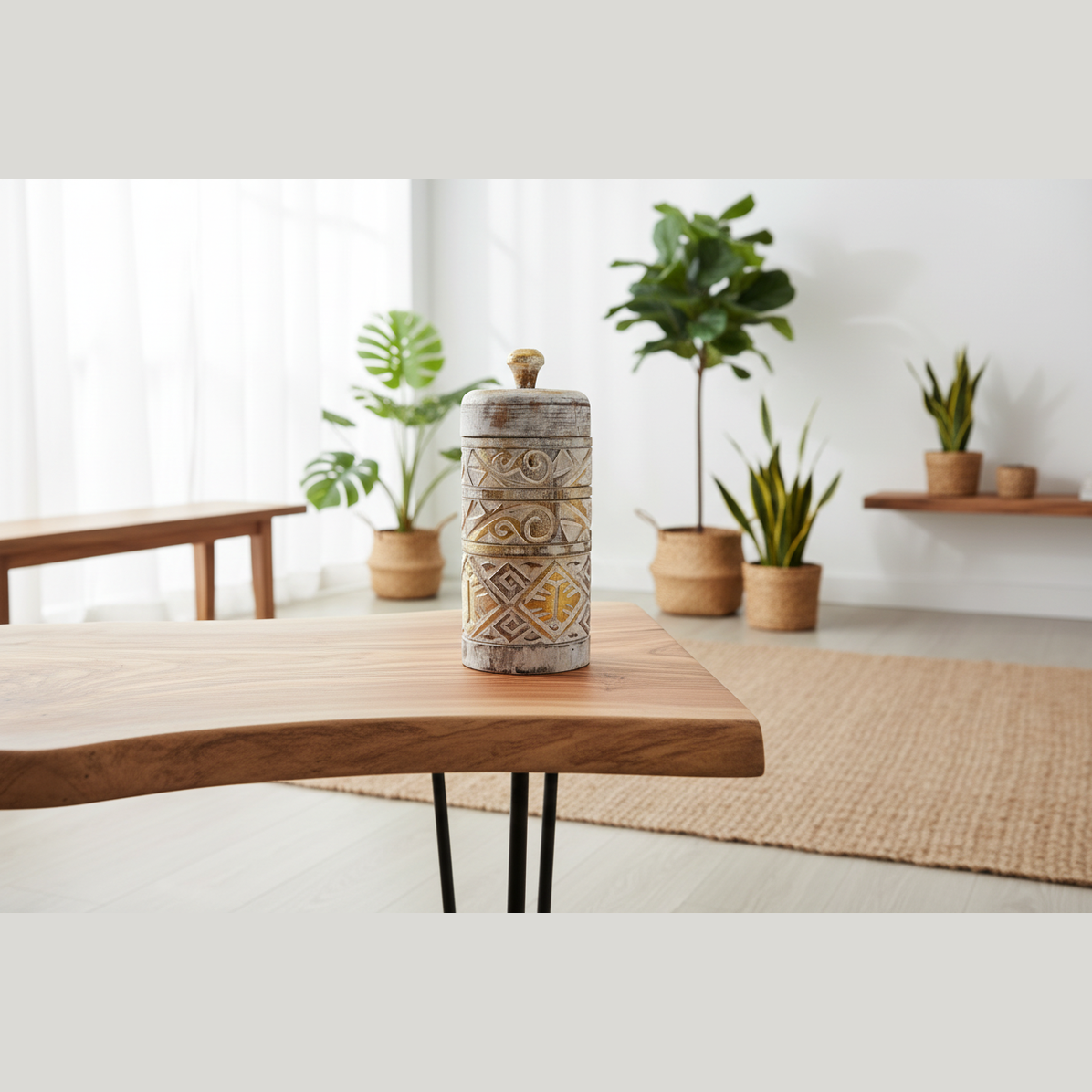 a decorative wooden storage jar, on a wooden table, in a clean white living space with plants and eco-friendly decor.