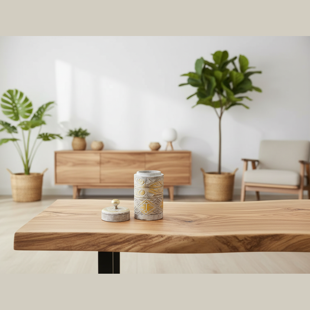 Modern living room with wooden table, plants, and furniture.