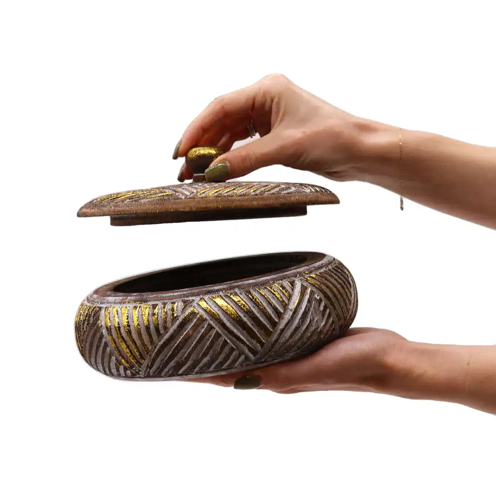 Ancient Wisdom Wooden Trinket Dish Jar Tray with Lid - Handmade & Fairly Traded Home & Garden > Household Supplies > Storage & Organisation > Household Storage Containers > Decorative Wooden Storage Jars emmy-jane-boutique.myshopify.com