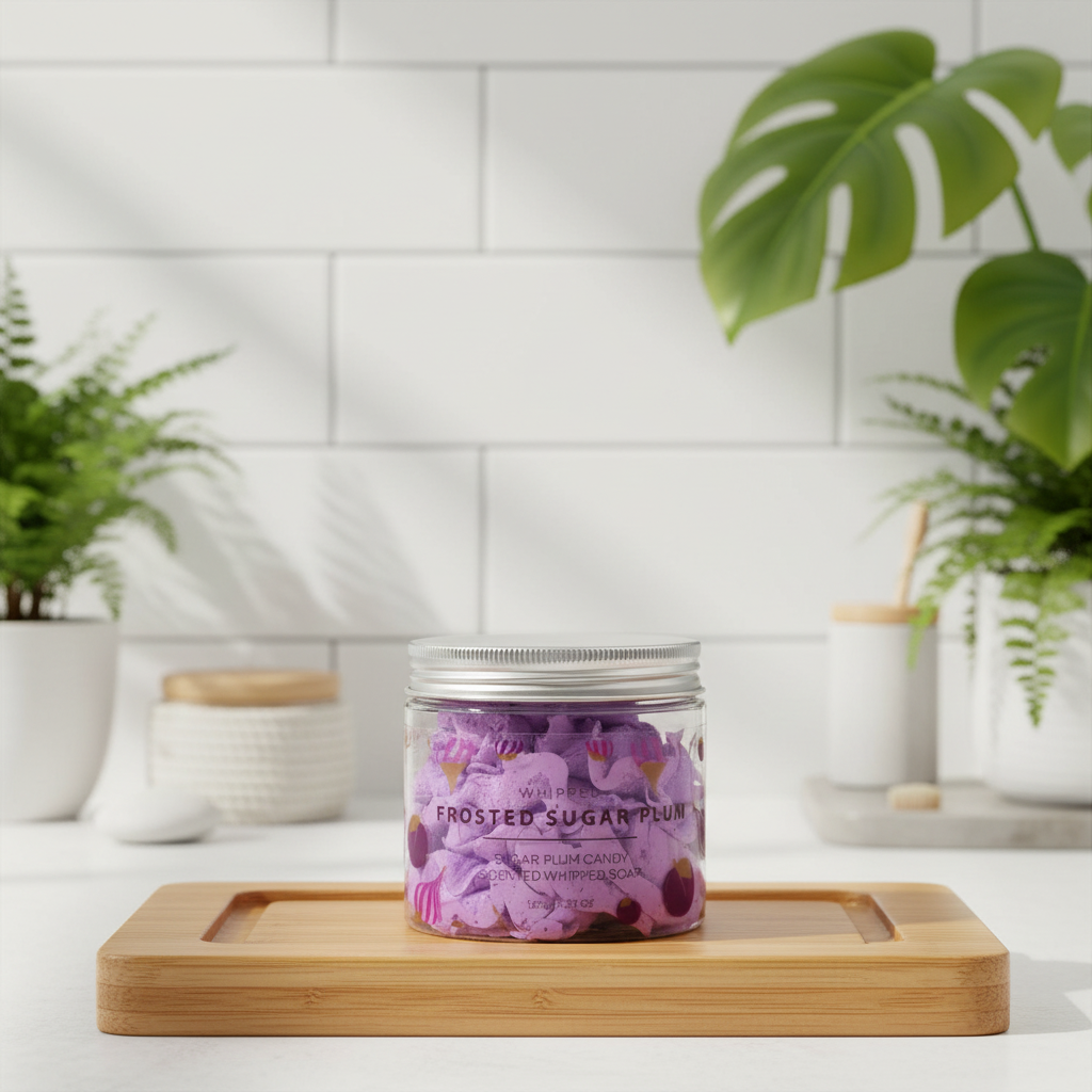 Jar of 'Frosted Sugar Plum' whipped soap on a wooden tray with plants in the background