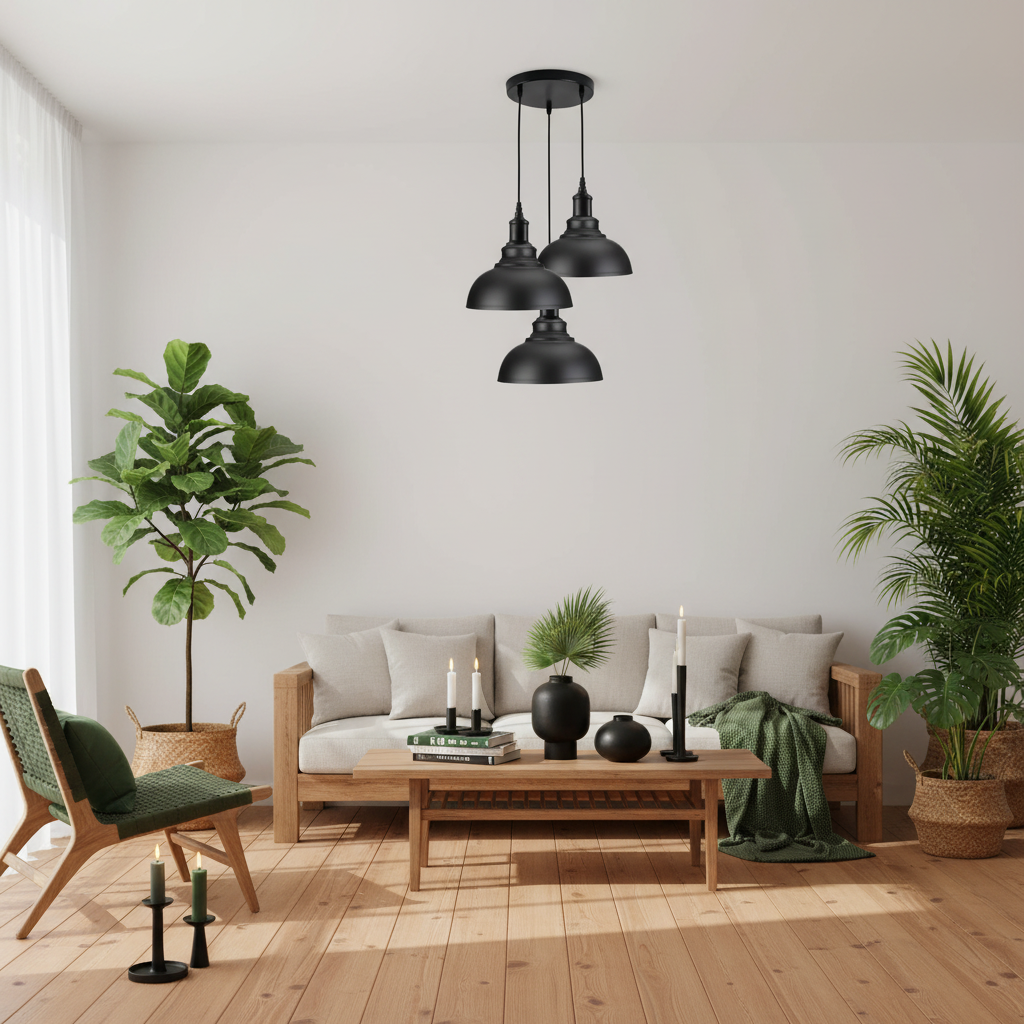 Three black pendant lights hanging in a modern living room with a wooden sofa, plants, and a coffee table.