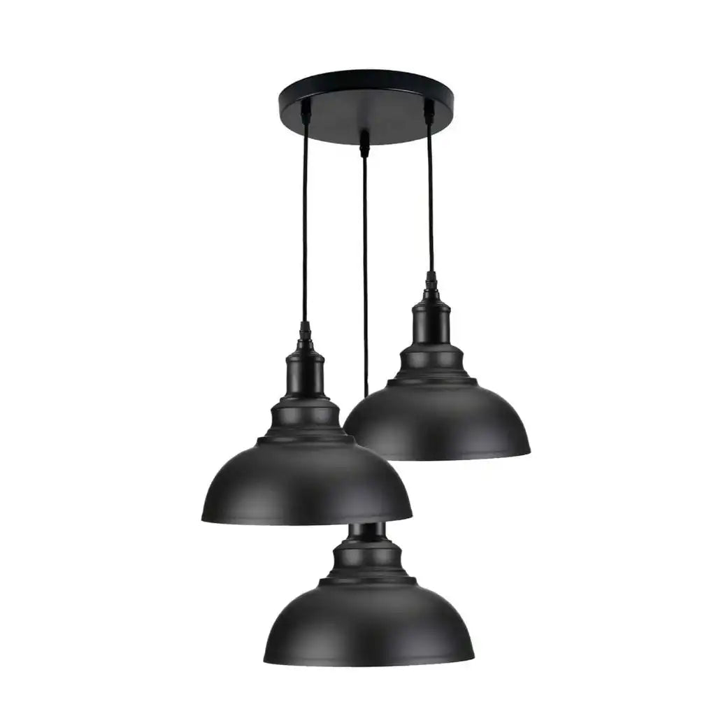 Black pendant light fixture with three lampshades on a white background