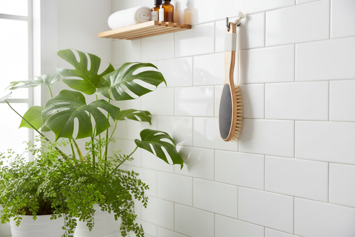 Bathroom with white tiled walls, plants, and a shelf with toiletries.