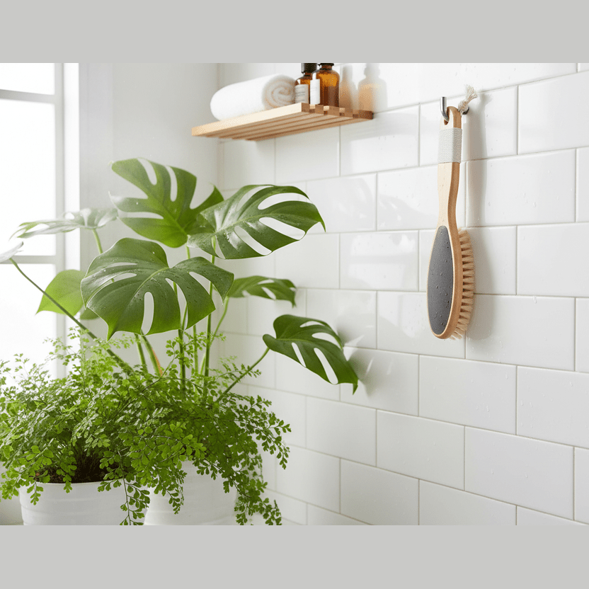 Bathroom with white tiled walls, plants, and a shelf with toiletries.