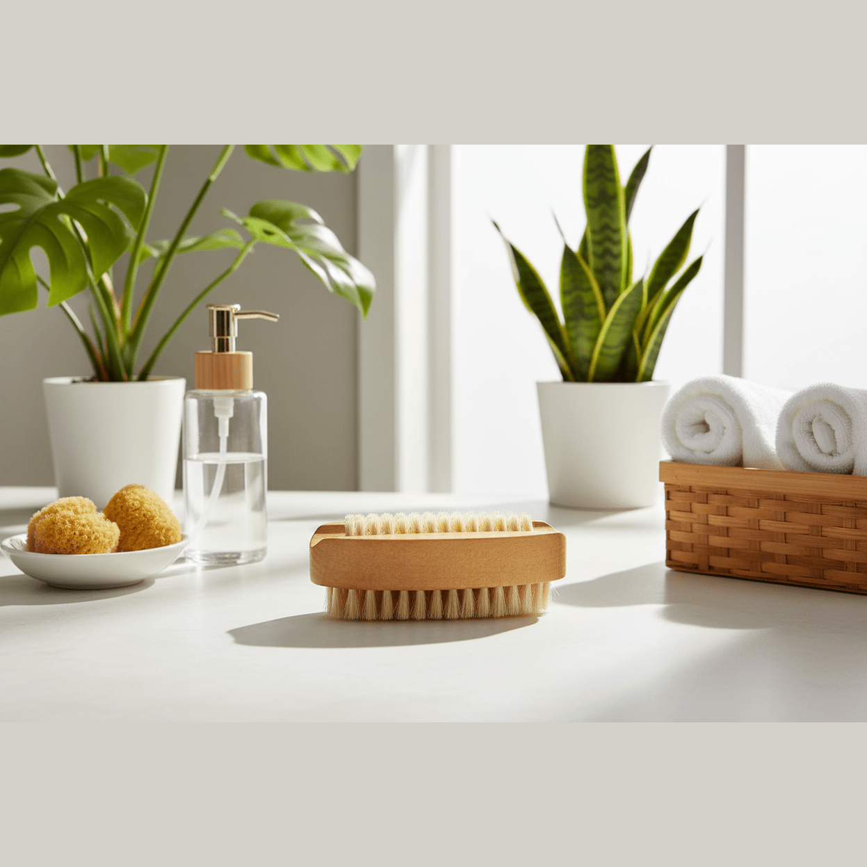 Bathroom setting with a wooden scrubber, soap dispenser, and towels on a light surface.