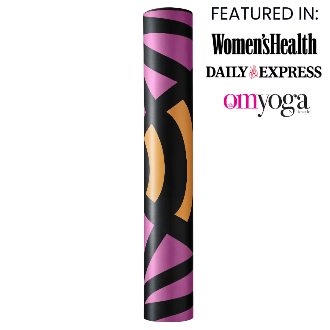 Yoga mat with geometric pattern on a white background, featuring 'Women's Health', 'Daily Express', and 'om yoga' logos.