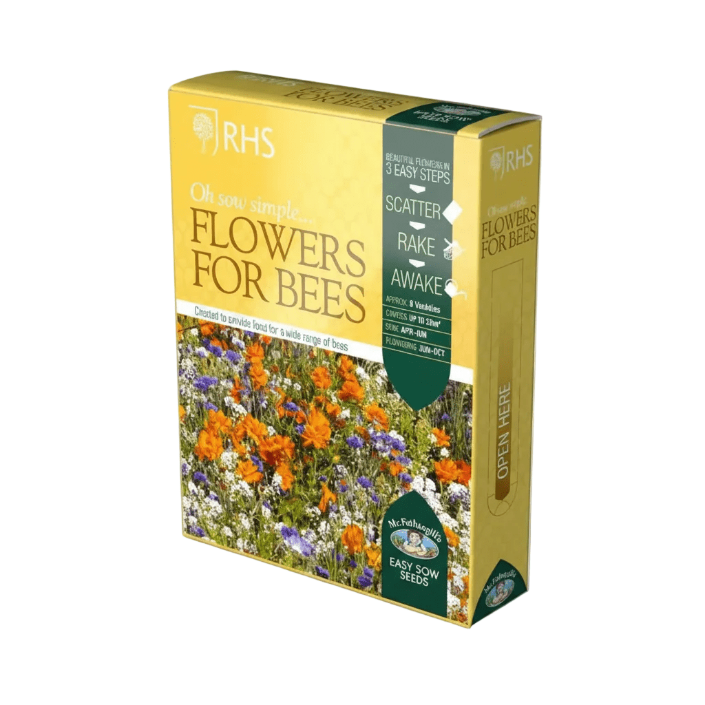 RHS Flowers for Bees seed packet on a white background