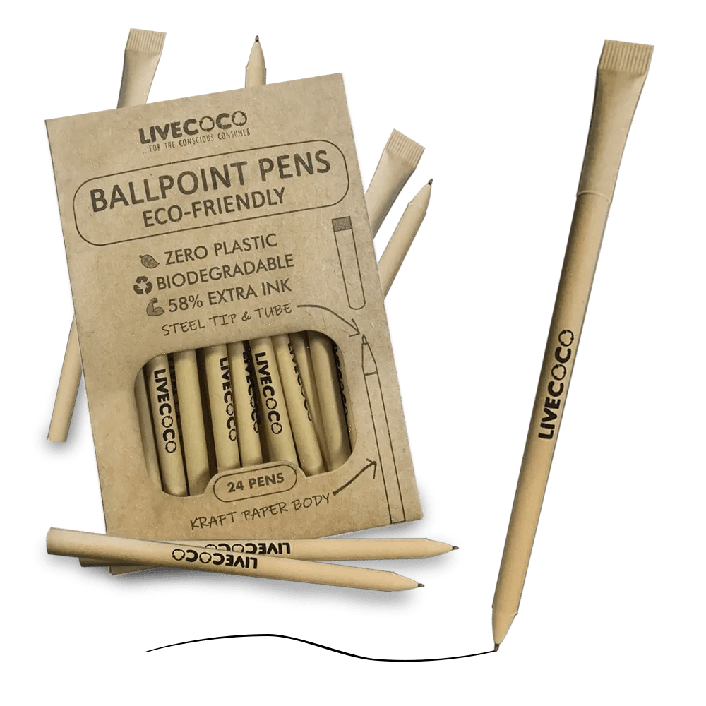Livecoco eco-friendly ballpoint pens with packaging on a transparent background