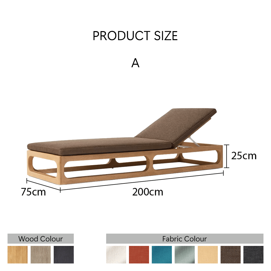 Measurement chart of a wooden lounge chair with brown cushion, showing dimensions and color options.