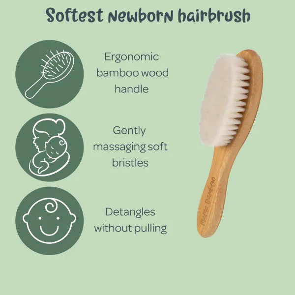 Mama Bamboo infographic showing the baby hairbrush’s bamboo handle and soft bristles