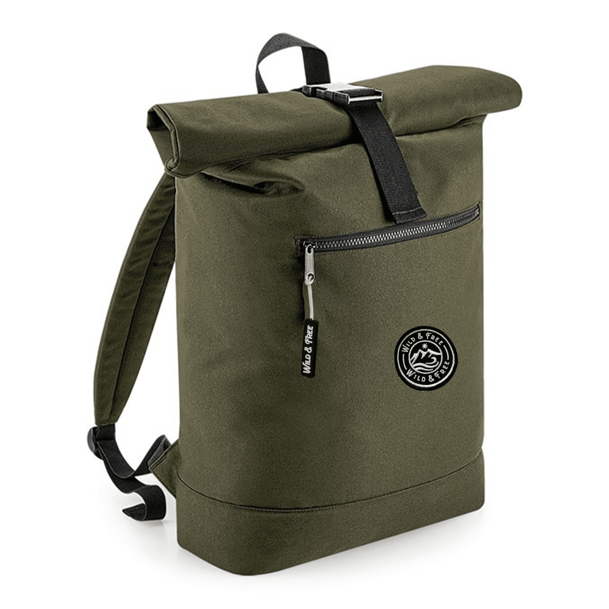Green roll-top backpack with a visible brand logo on a white background