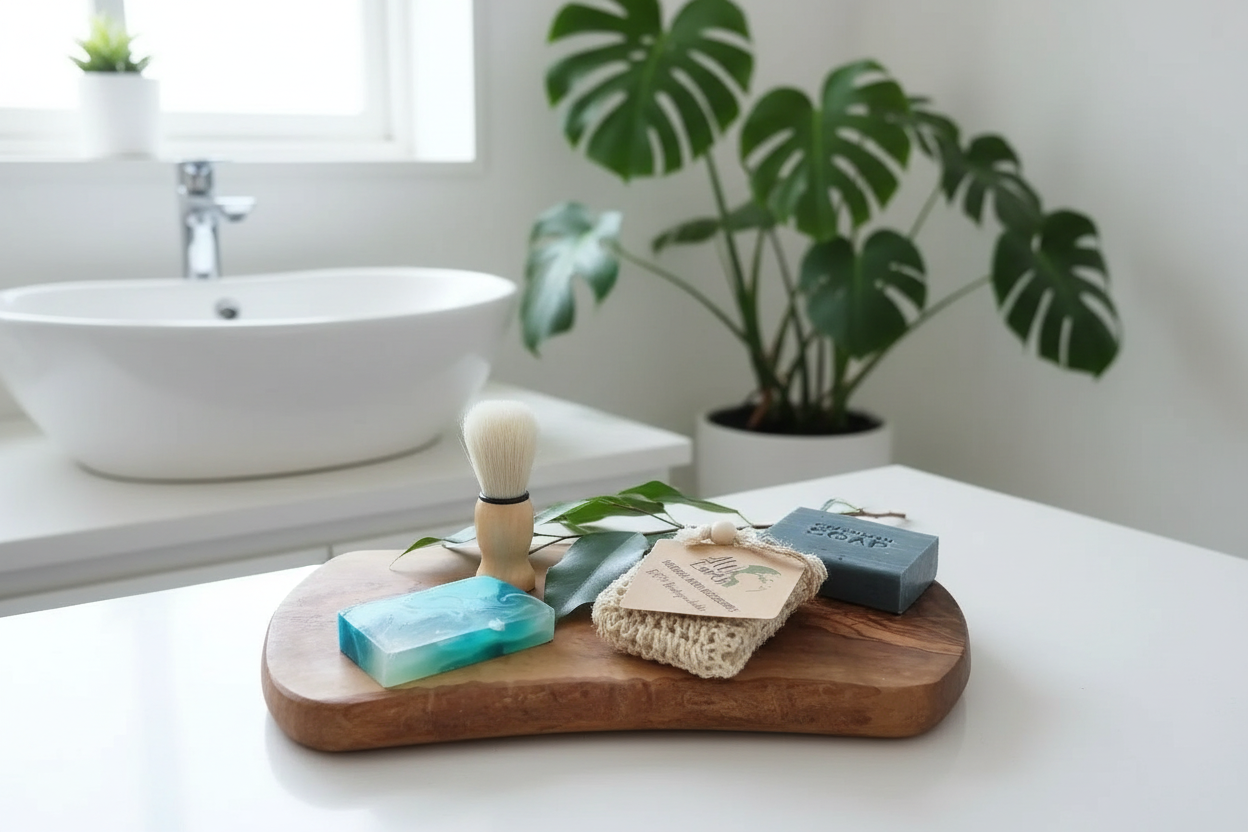 Bathroom setting with a wooden tray holding a brush, soap, and sponge, with a plant and sink in the background.