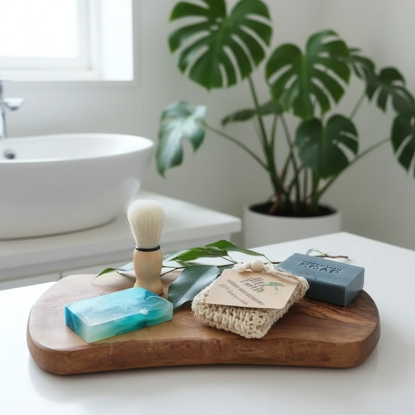 Bathroom setting with a wooden tray holding a brush, soap, and sponge, with a plant and sink in the background.