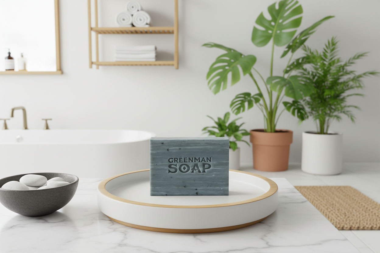 Greenman Soap bar on a white tray with plants and bathroom items in the background