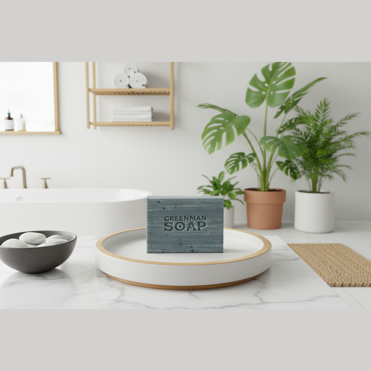 Greenman Soap bar on a white tray with plants and bathroom items in the background