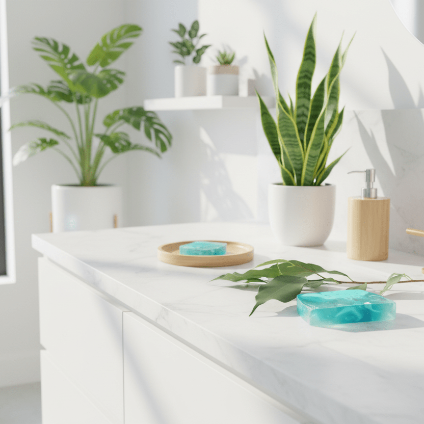 Shaving soap bars in a modern bathroom with white countertops, bamboo accessories,  plants, and a window. 