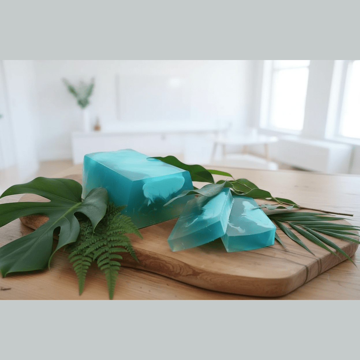 Two blue bars of shaving soap on a wooden cutting board with green leaves.