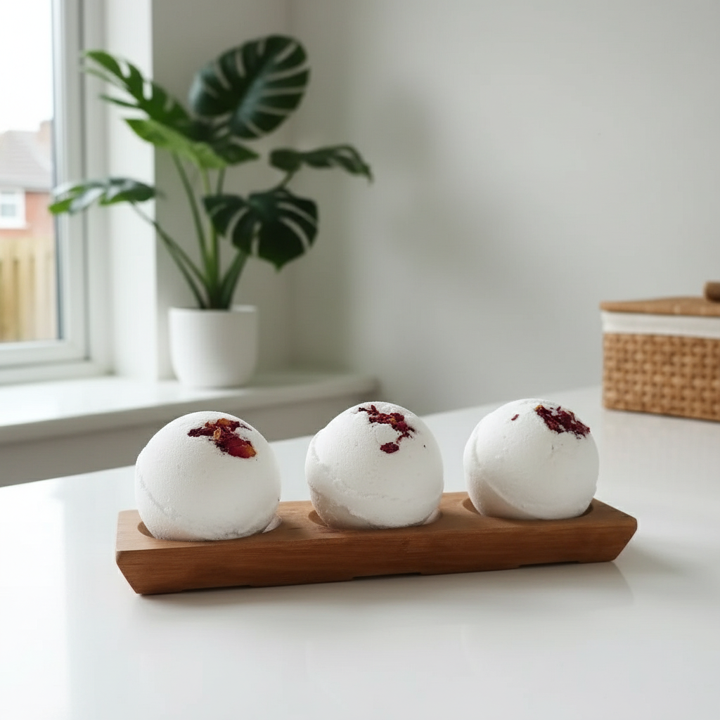 Three bath bombs with red berries on a wooden tray in a bright room with a plant in the background.