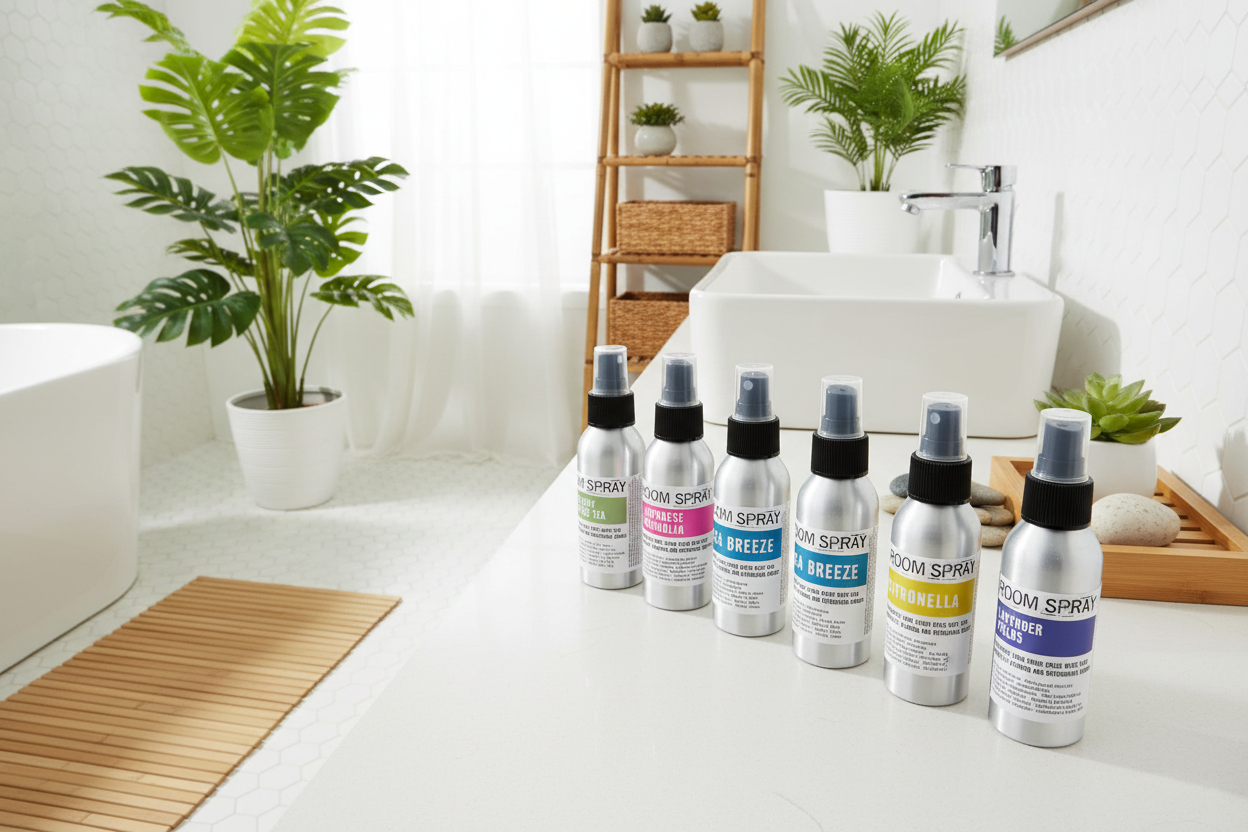 Bathroom setting with 'Room Spray' bottles on a counter, plants, and a bathtub.