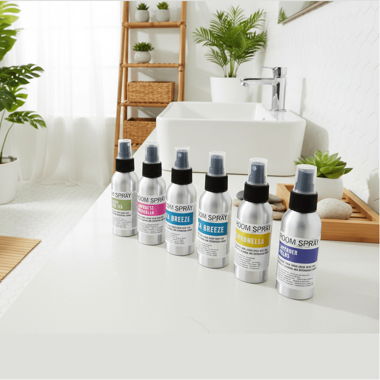 Bathroom setting with 'Room Spray' bottles on a counter, plants, and a bathtub.