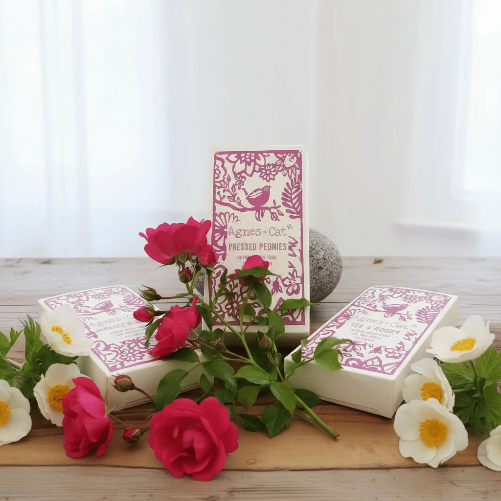 Wax melts with a floral design on a wooden surface with flowers and pebbles.