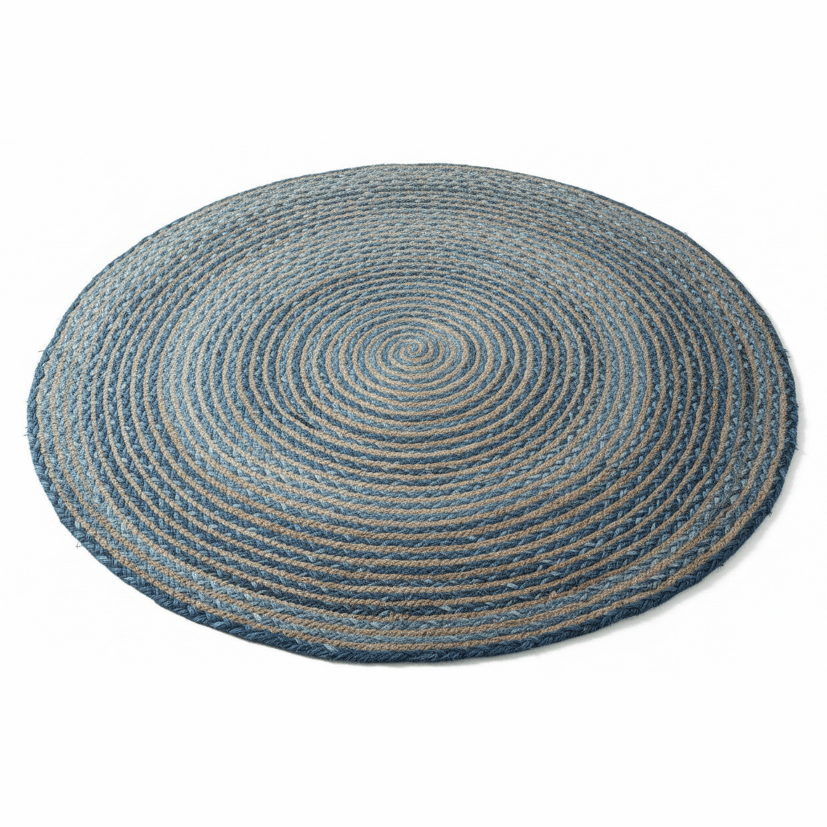 Round blue braided rug on a white background