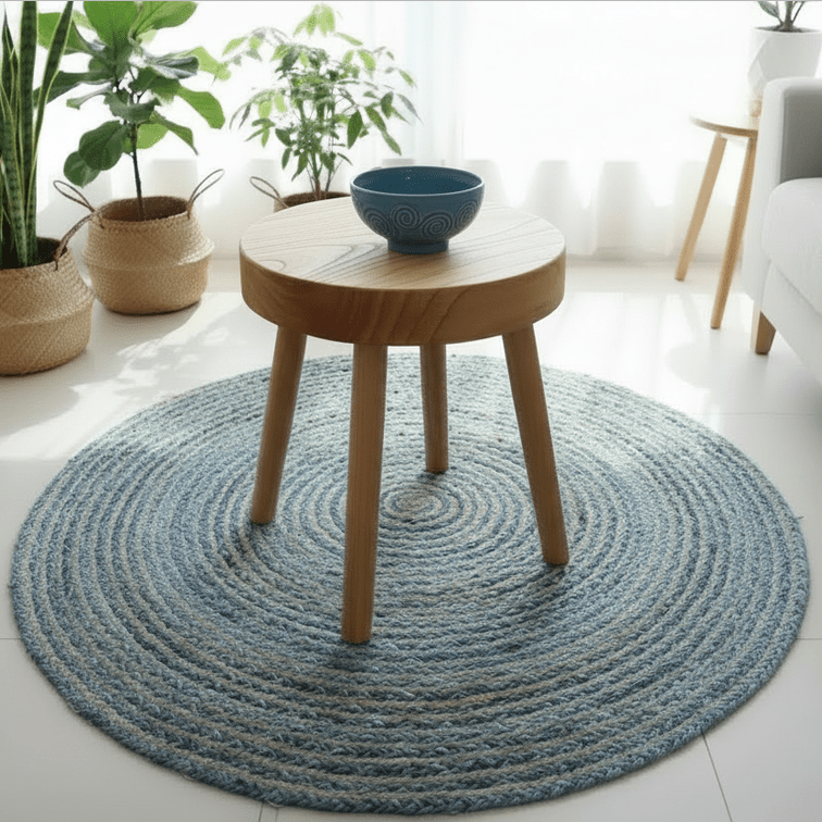 Round blue rug in a living room with a wooden side table and plants.