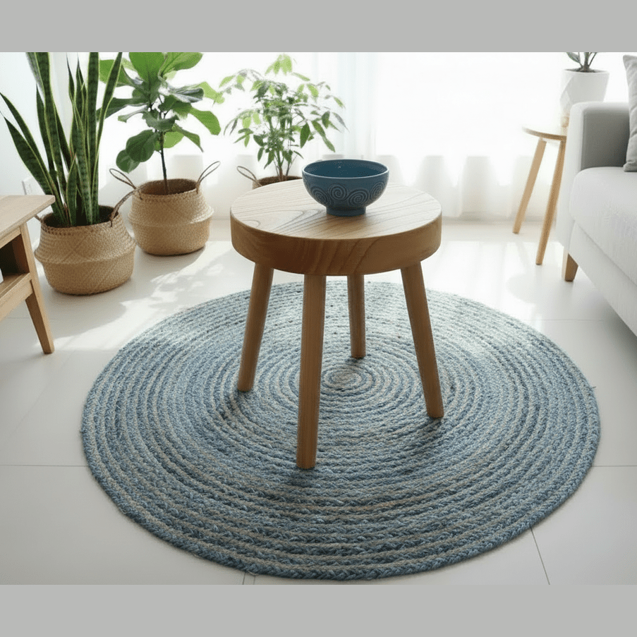 Round blue rug in a living room with a wooden side table and plants.