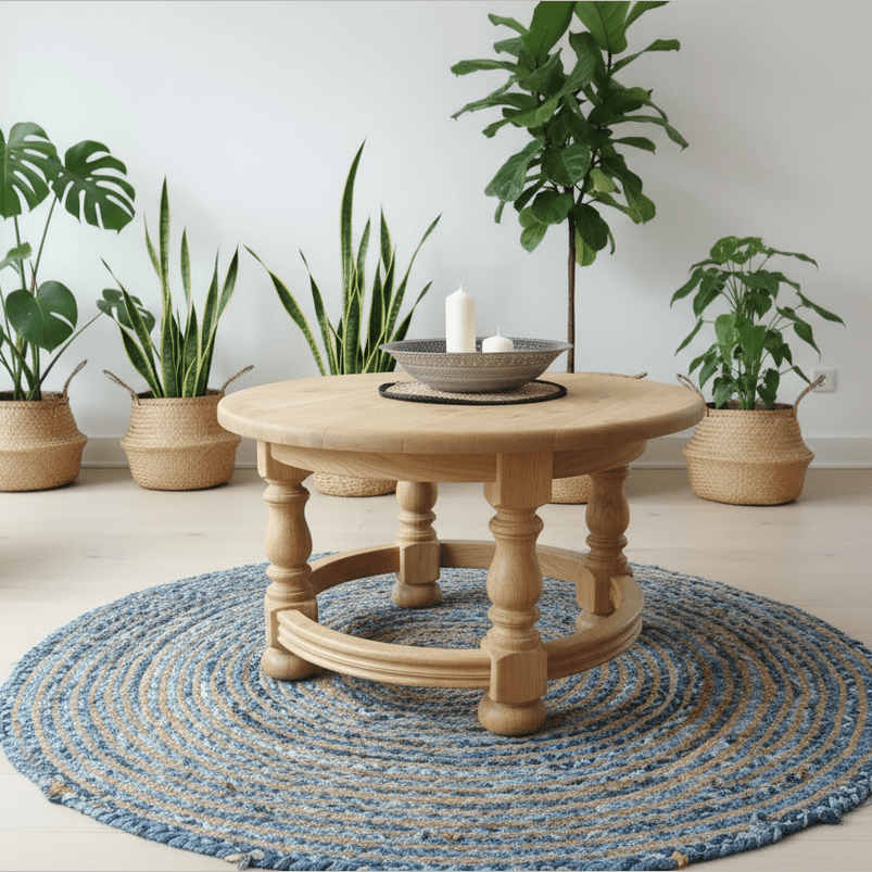 Round wooden coffee table in a room with plants and a blue rug.