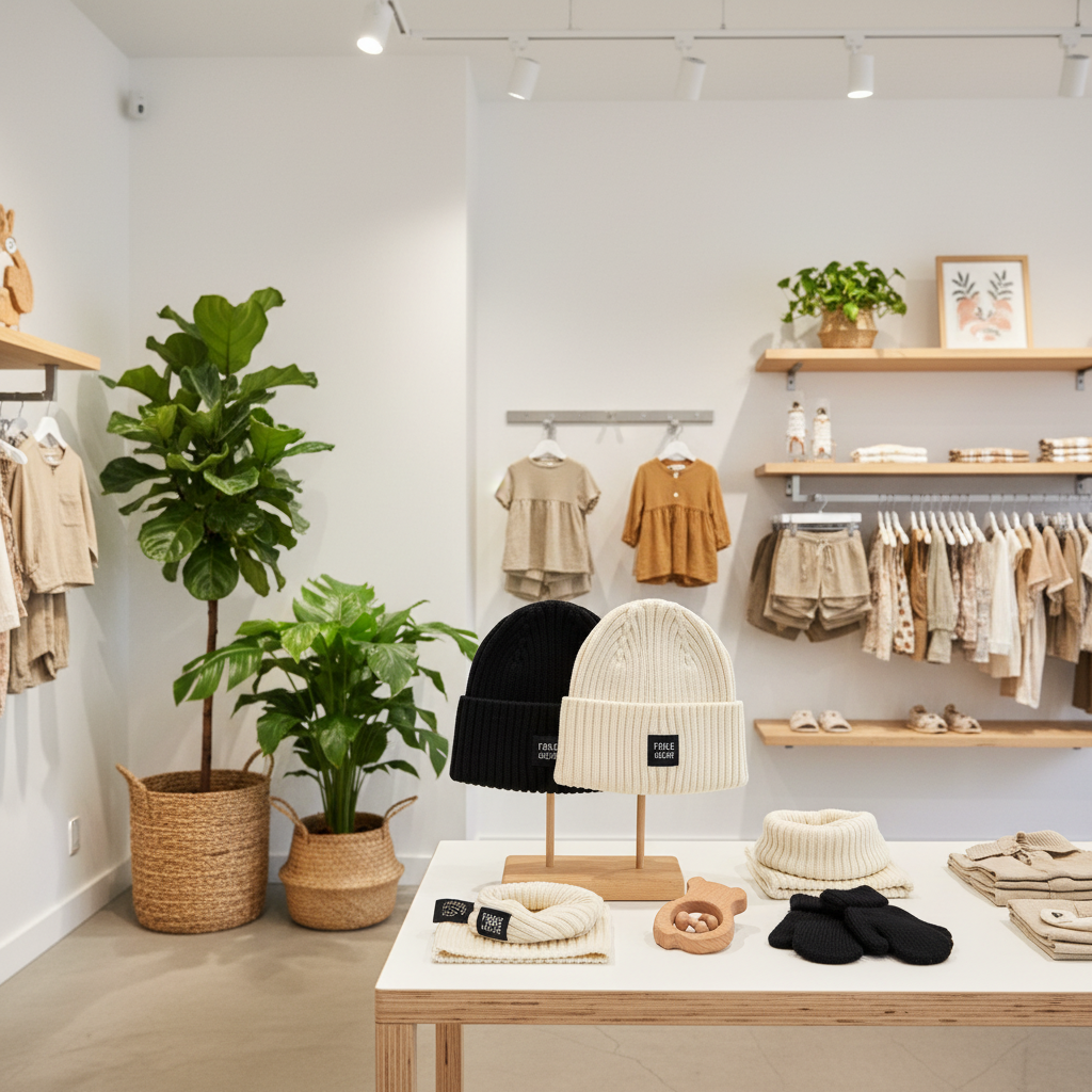 A styled children's boutique interior showing knit beanies and small accessories on display tables and hangers. The main products in the foreground include a black and cream ribbed beanie set on wooden stands, with additional cream knit hats, black socks, and folded garments on a white table.