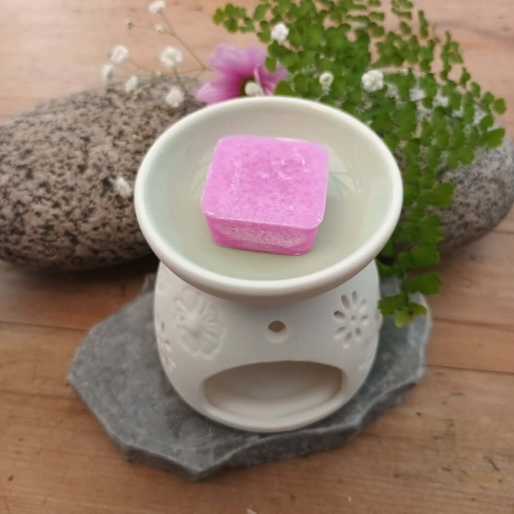 Emmy Jane - Ceramic Diffuser Gift Set with Soy Wax Melts from Agnes+Cat. Each oil burner has a pretty floral design, with leaves and flowers which allow the candlelight to shine through creating that relaxing atmosphere. Each diffuser comes with 4 soy wax melts: Seasalt & Moss, Tea and Roses, Rhubarb and Parma Violet.